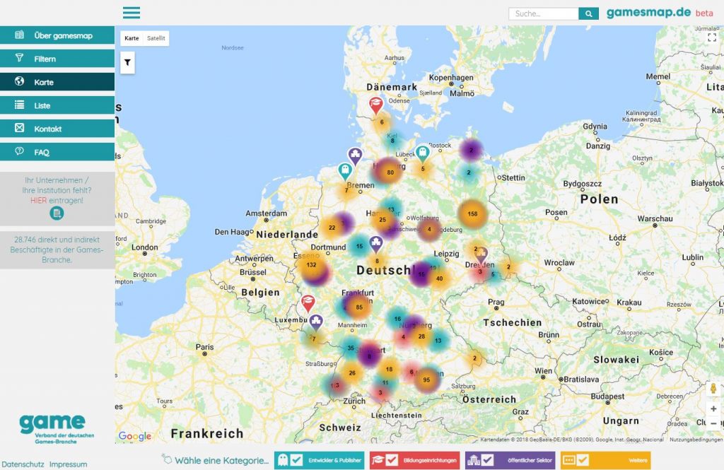 Die interaktive Landkarte auf Gamesmaps.de mit Unternehmen und Institutionen der deutschen Games-Branche